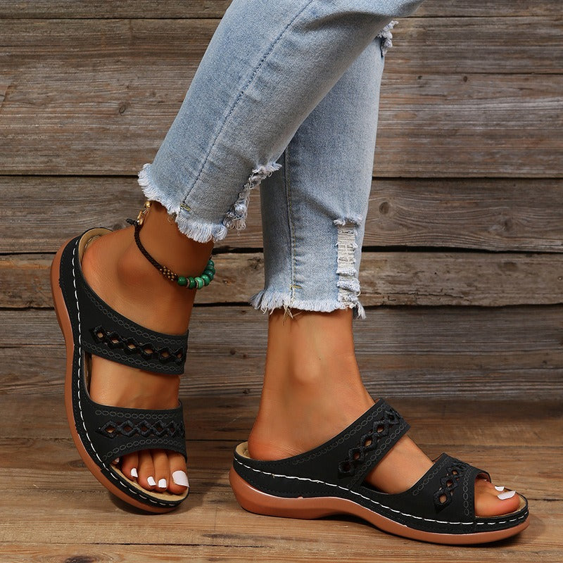 Retro car line anti slip round toe sloping heel comfortable one line sandals for women