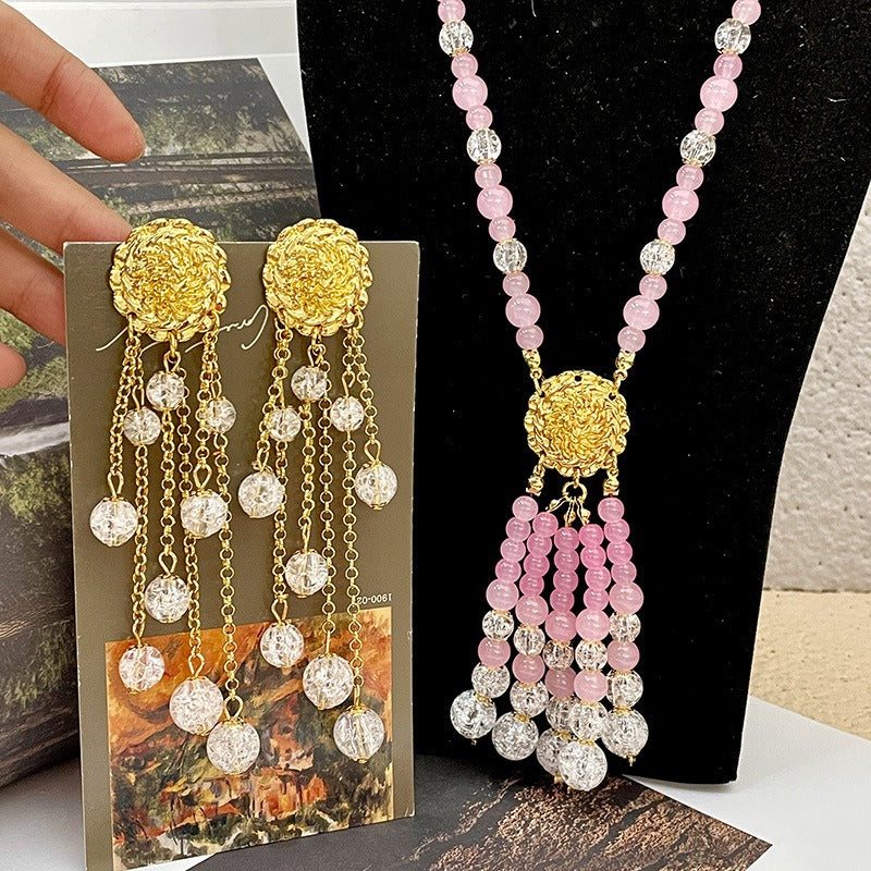 Retro pink ball bead tassel necklace crystal national style new Chinese sweater chain Hanfu cheongsam accessories