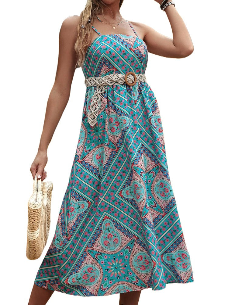 New European and American Summer Women's Ethnic Style Printed Strap Dress