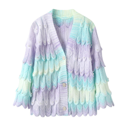 Sweet Knitted Cardigan Jackets Women Clothing V-neck Casual Tie-dye Pull Femme Chic Beading Oversized Sweater Tops Sueter Mujer