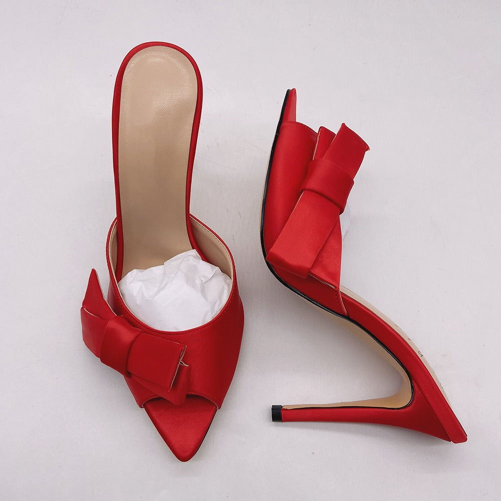 Pointed bow thin high heels sandals and slippers