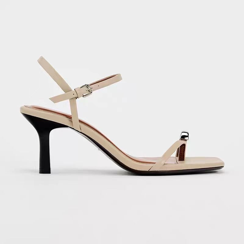 Square-toe low-heeled sandals, stiletto heels, flip-flops with thin straps, flip-flops for women