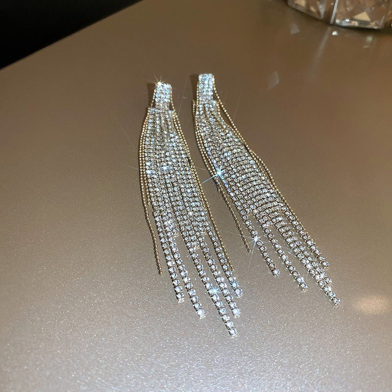 Silver Needle Diamond Zircon Five pointed Star Long Tassel Earrings French style Earrings