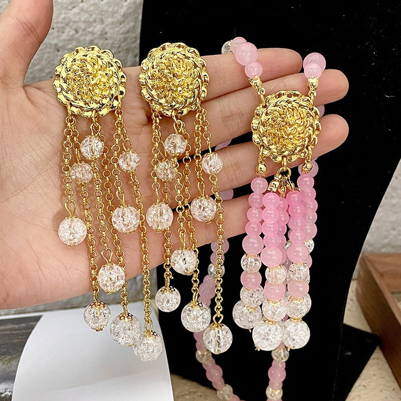 Retro pink ball bead tassel necklace crystal national style new Chinese sweater chain Hanfu cheongsam accessories