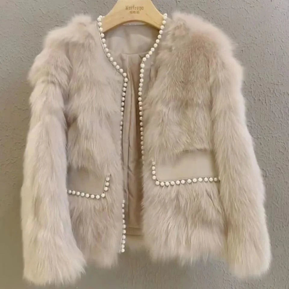 Autumn Winter Thicken Faux Fur Coat High Quality Pearl Fur Coat Slim Elegant Faux Fur Cardigan Women Warm Luxury Outerwear Coat