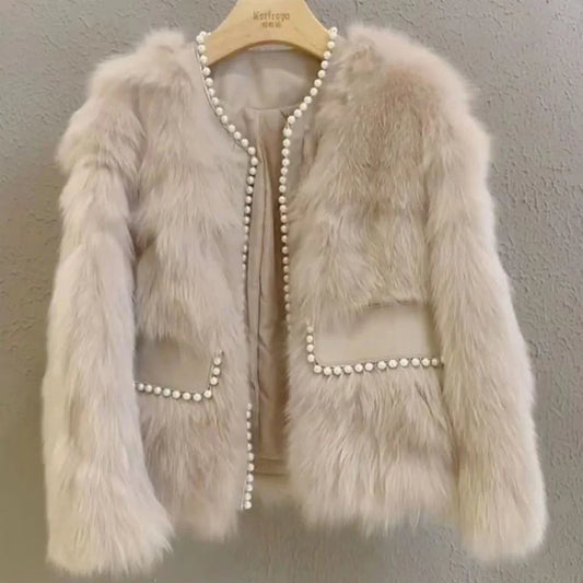 Autumn Winter Thicken Faux Fur Coat High Quality Pearl Fur Coat Slim Elegant Faux Fur Cardigan Women Warm Luxury Outerwear Coat