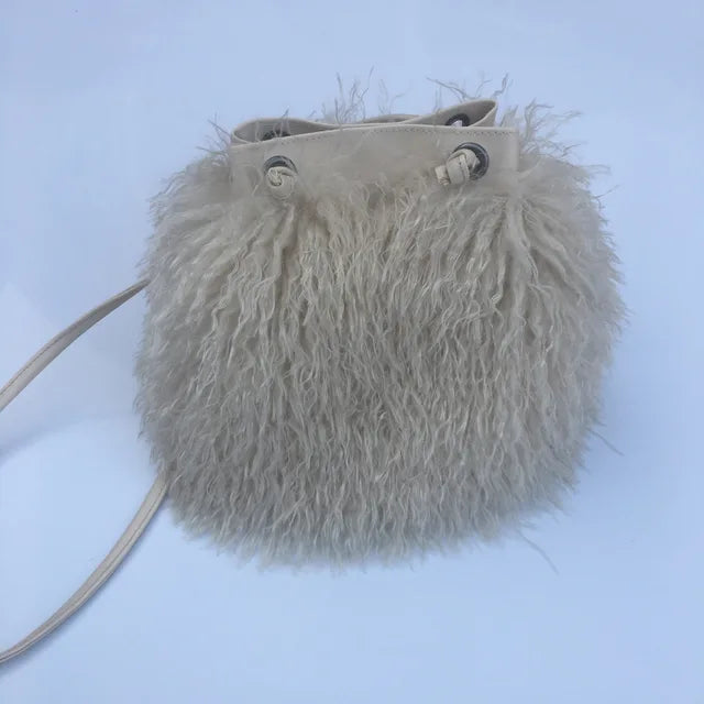 Long Fur Wool Bucket Bag Women  Luxury Mongolian Sheep Fur Bag Beach Faux Wool Fur One Shoulder Sling Handbag