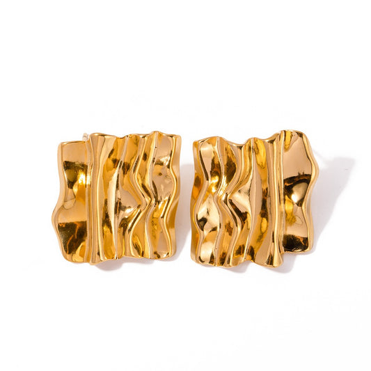 Rectangular pleated earrings, retro personalized exaggerated golden ripple earrings for women