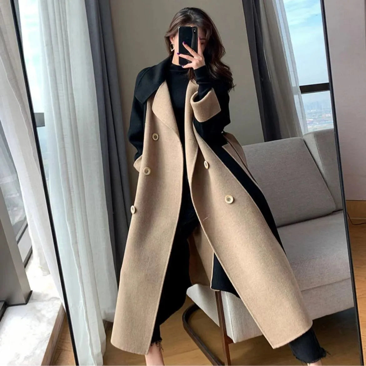 Chic Woolen Patchwork Trench Coat for Women Double-breasted Cardigan Anti-wrinkle Lapel  Winter Coat High Sense Overcoat Outwear