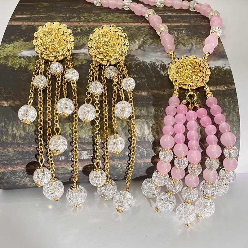 Retro pink ball bead tassel necklace crystal national style new Chinese sweater chain Hanfu cheongsam accessories