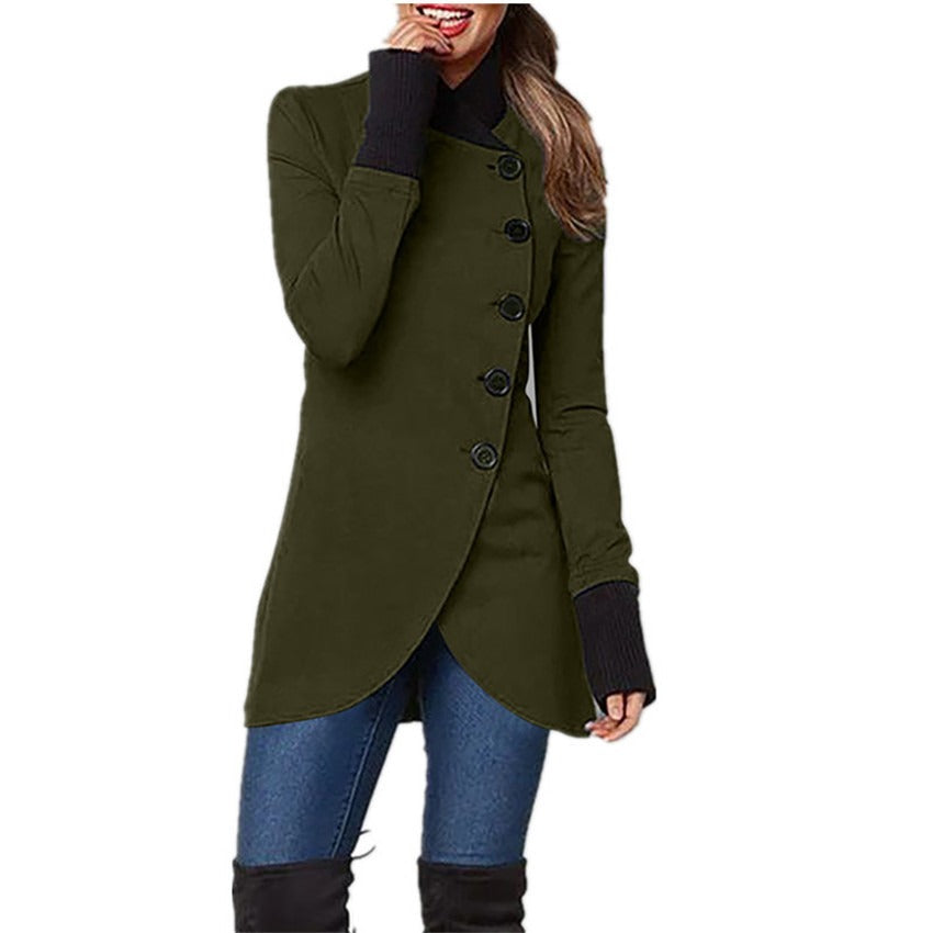 Solid color single breasted patchwork hem split long sleeved jacket