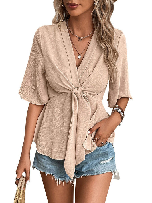 New European and American summer women's clothing wrapped in V-neck solid color shirt for women