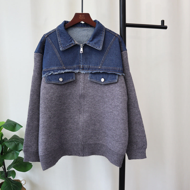 Splicing denim knit cardigan, loose casual versatile zipper sweater jacket, women's fashion