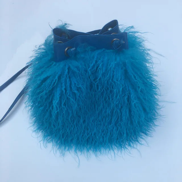 Long Fur Wool Bucket Bag Women  Luxury Mongolian Sheep Fur Bag Beach Faux Wool Fur One Shoulder Sling Handbag