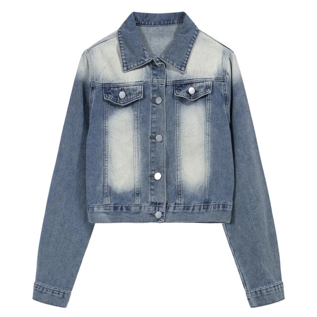 Women's Denim Coat Patchwork Washed Blue  Old Long Sleeve Thin Single Breasted Jackets