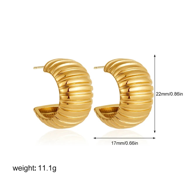 New Trend Waterproof Anti Allergic Metal Geometric Irregular Drop Earrings Gold Plated PVD Chunky Texture Zircon C Ear Stud Hoop