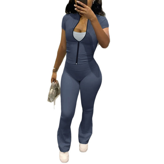 Solid color zipper short cardigan high waisted straight leg pants yoga suit two-piece set