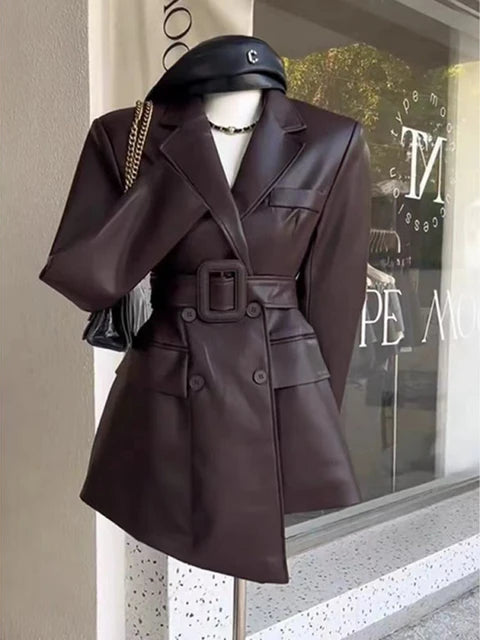 Coffee PU Leather Jacket For Women Long Sleeve Hem Asymmetric With Belt Office Lady Coat