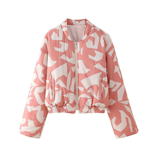 Women's street fashion casual round neck printed zipper cotton jacket
