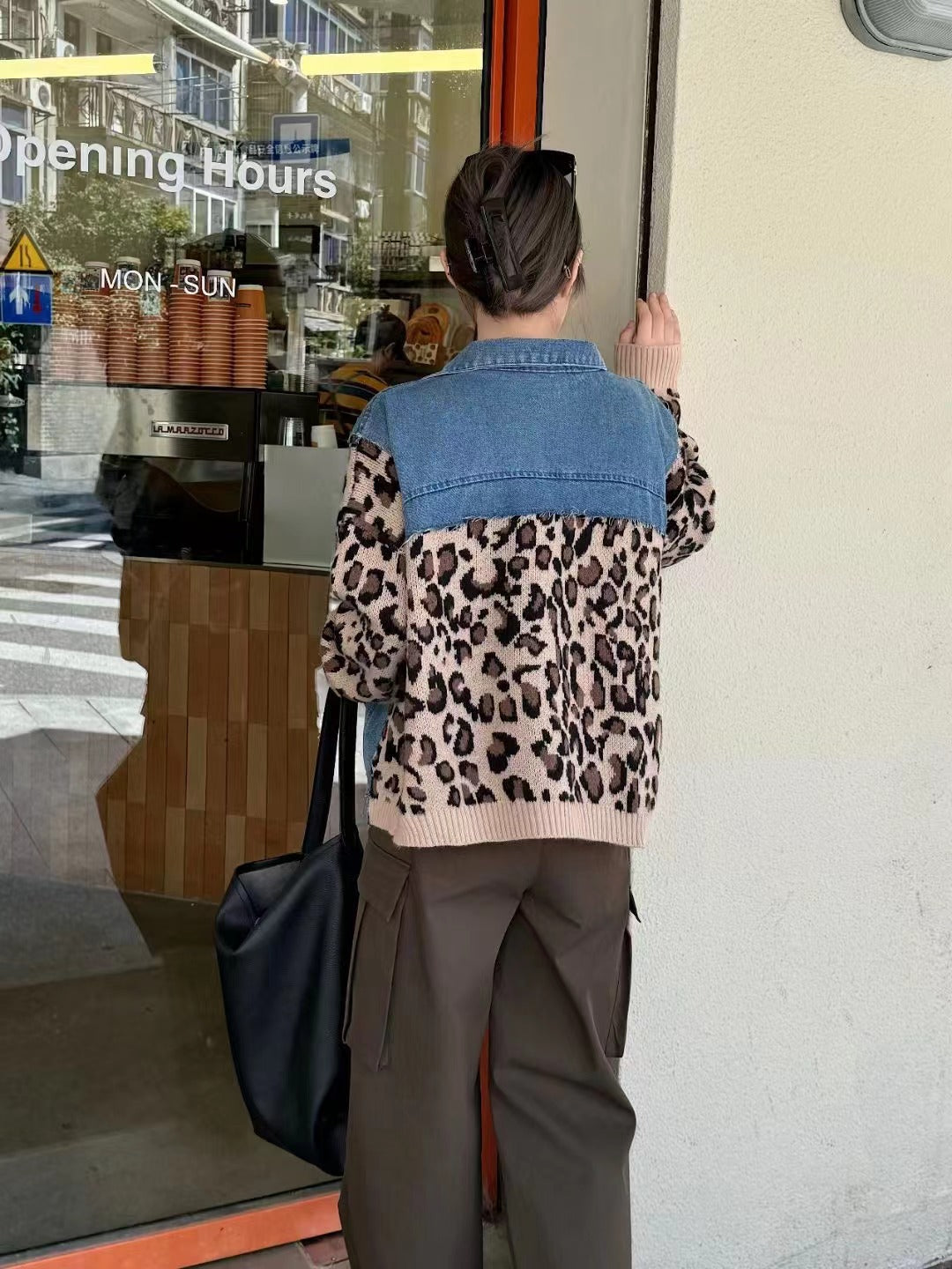 American style niche autumn new design sense leopard print retro denim patchwork fashion sweater women's coat