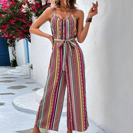 Summer Fashion Women Sexy Striped Resort Style Casual Halter Jumpsuit