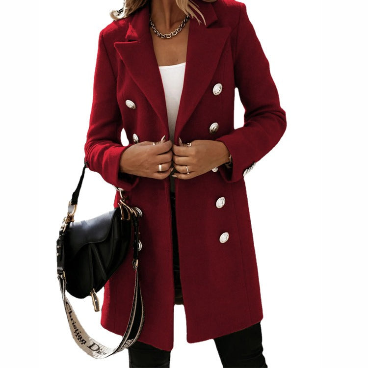 Autumn and winter long sleeved suit collar double breasted women's coat