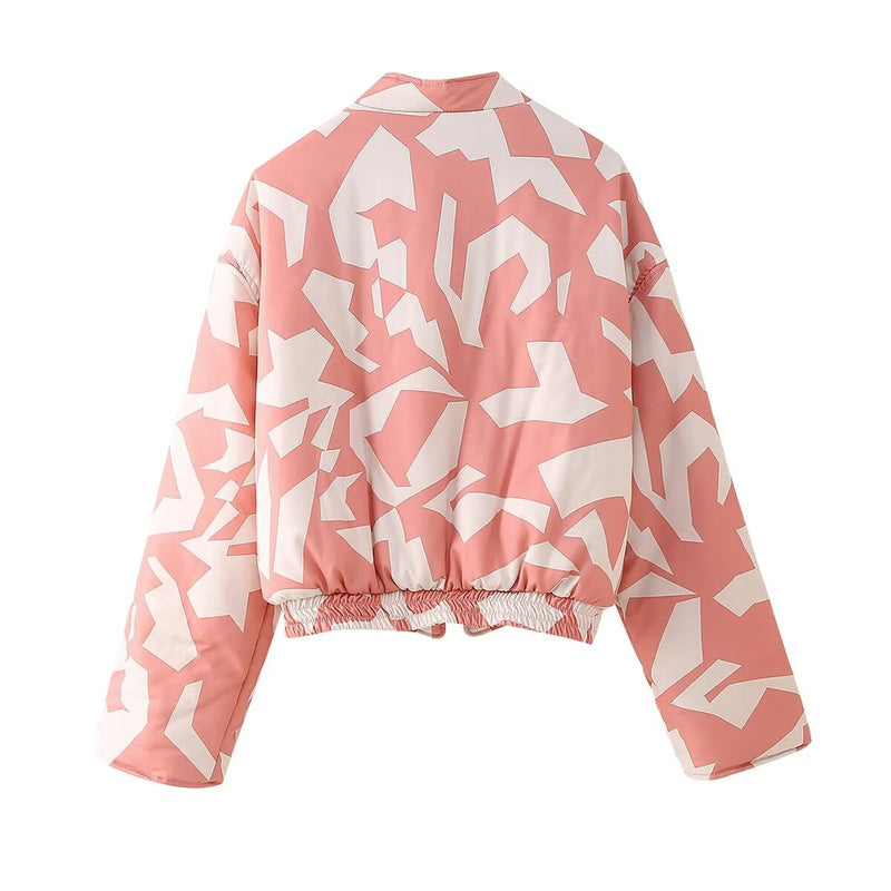 Women's street fashion casual round neck printed zipper cotton jacket
