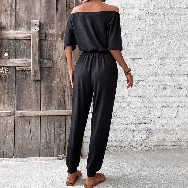 New European and American summer women's one shoulder solid color pants jumpsuit