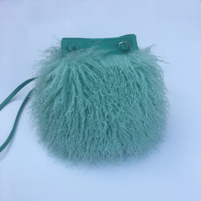 Long Fur Wool Bucket Bag Women  Luxury Mongolian Sheep Fur Bag Beach Faux Wool Fur One Shoulder Sling Handbag