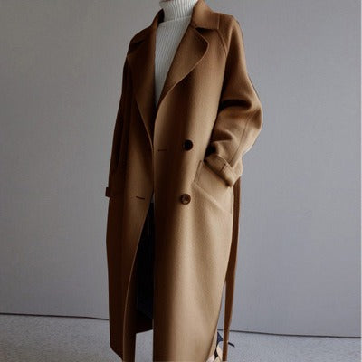 New medium length loose cashmere woolen coat for women's Hepburn style knee length woolen coat