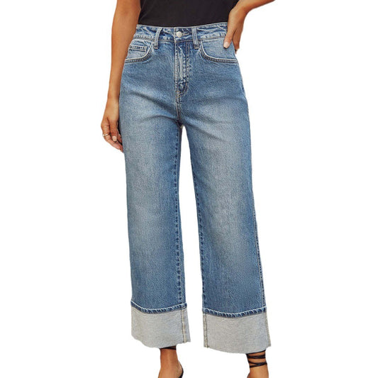 Straight leg jeans women's retro rolled edge high waisted pants