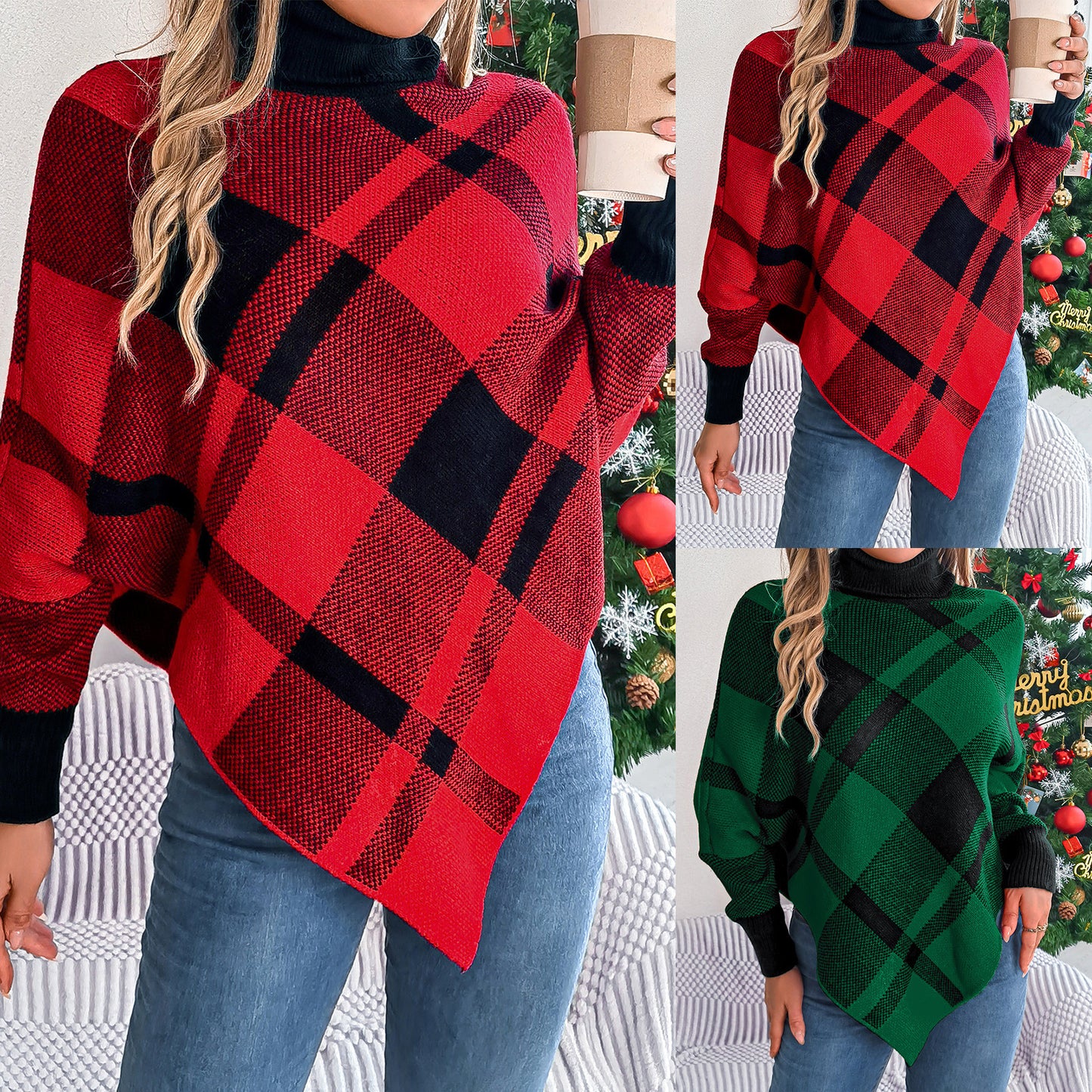 Women's autumn and winter Christmas fashion casual contrast color plaid high collar long sleeve cape sweater