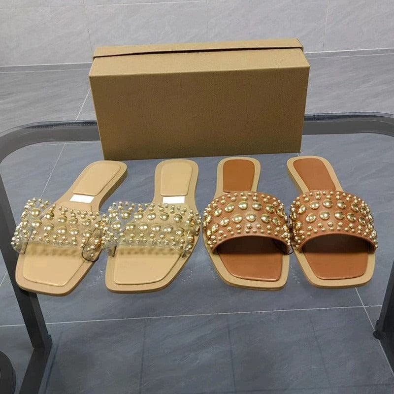 Flat sandals square toe open toe slippers with transparent rubber rivets