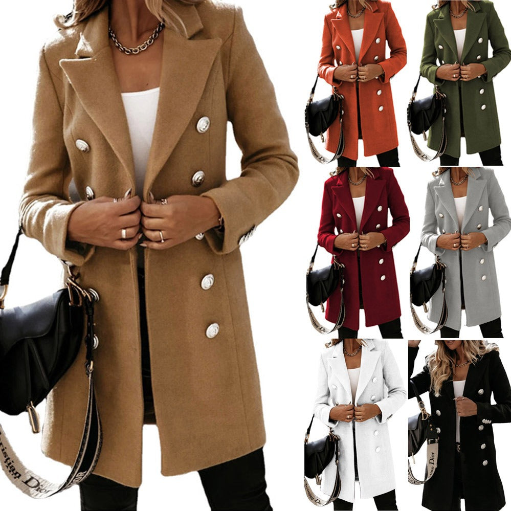 Autumn and winter long sleeved suit collar double breasted women's coat