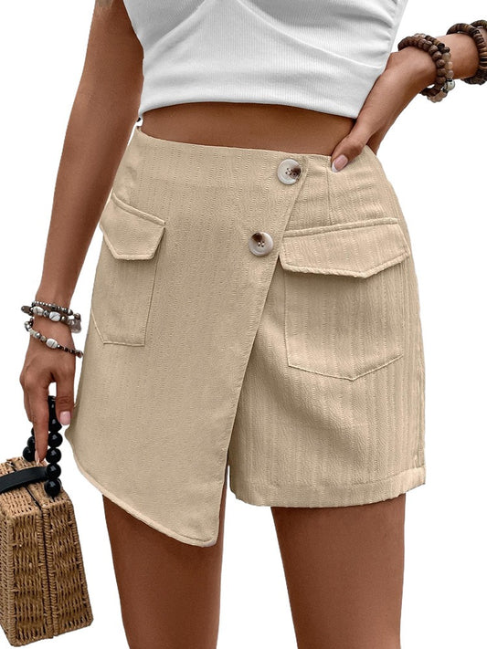 New European and American summer women's high waisted short pocket solid color skirt pants