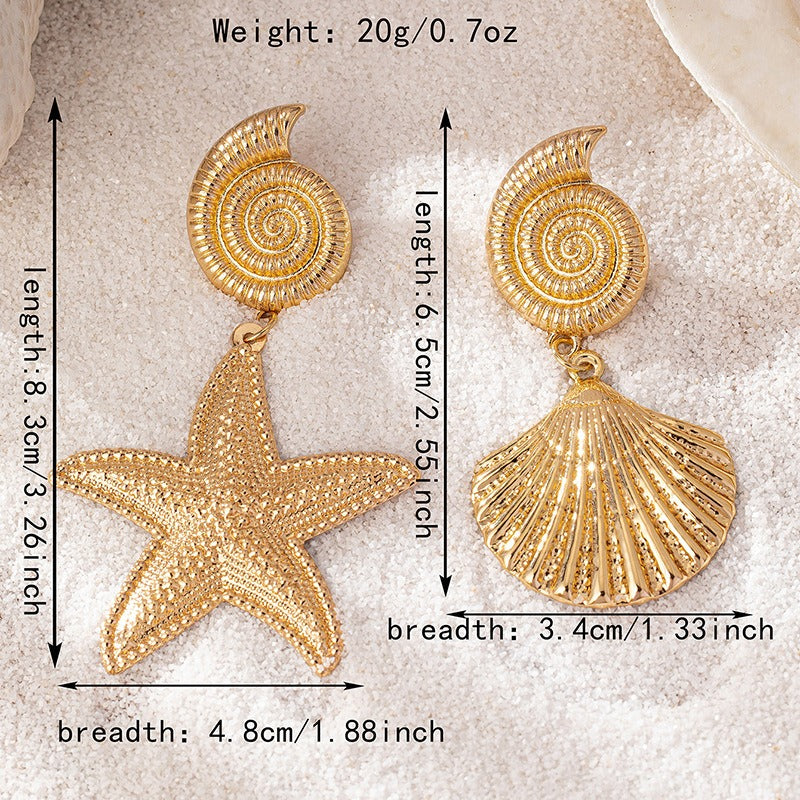 Gold metallic starfish shell earrings with personalized and high-end temperament earrings