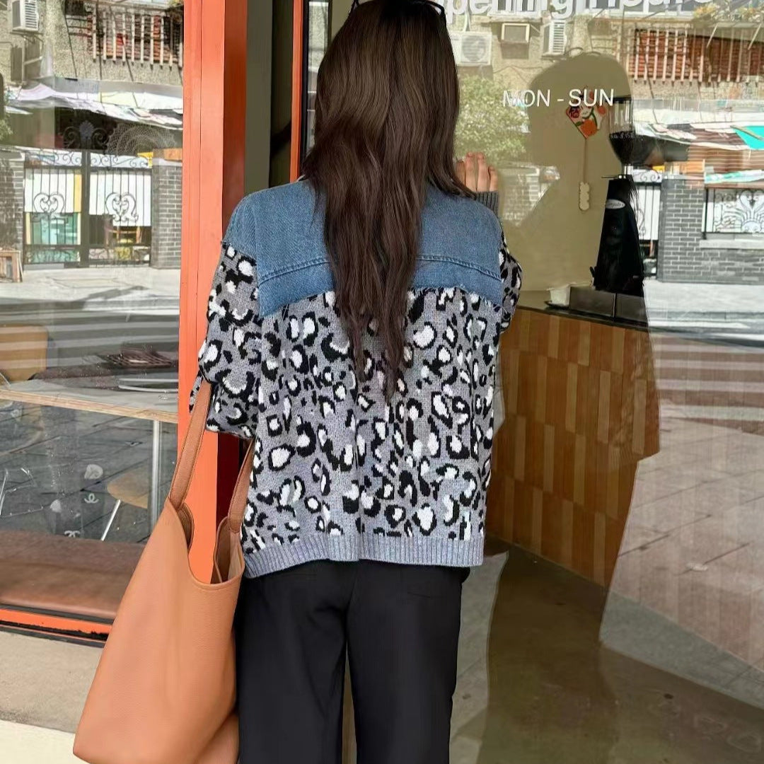 American style niche autumn new design sense leopard print retro denim patchwork fashion sweater women's coat