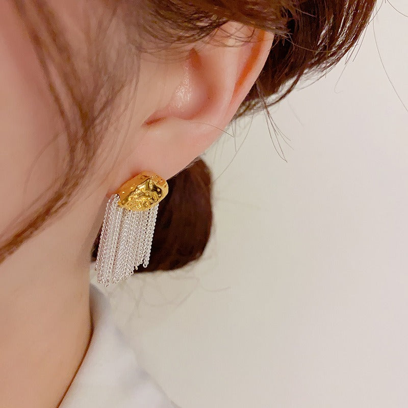 Light luxury personalized metal block tassel earrings, silver needles, fashionable and versatile temperament earrings