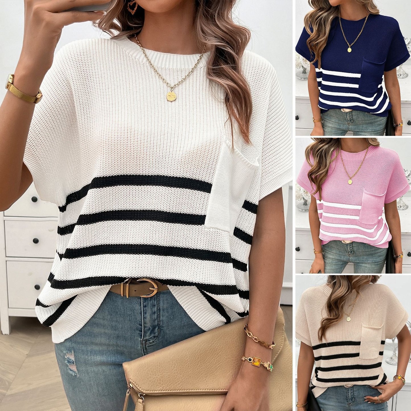 Top Women's Style Round Neck Stripe Contrast Short sleeved Sweater