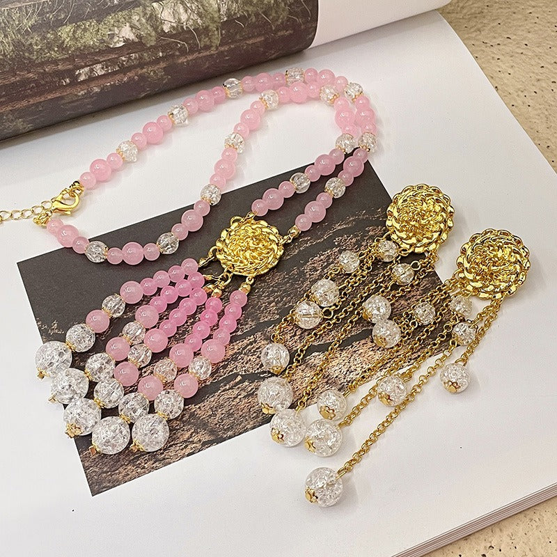 Retro pink ball bead tassel necklace crystal national style new Chinese sweater chain Hanfu cheongsam accessories