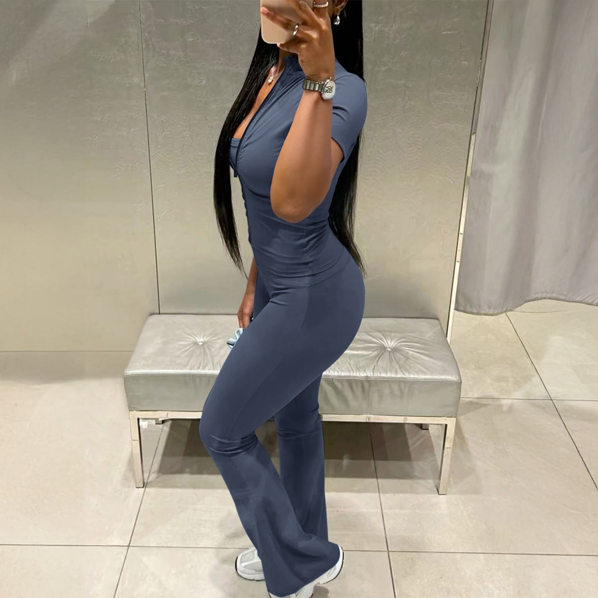 Solid color zipper short cardigan high waisted straight leg pants yoga suit two-piece set