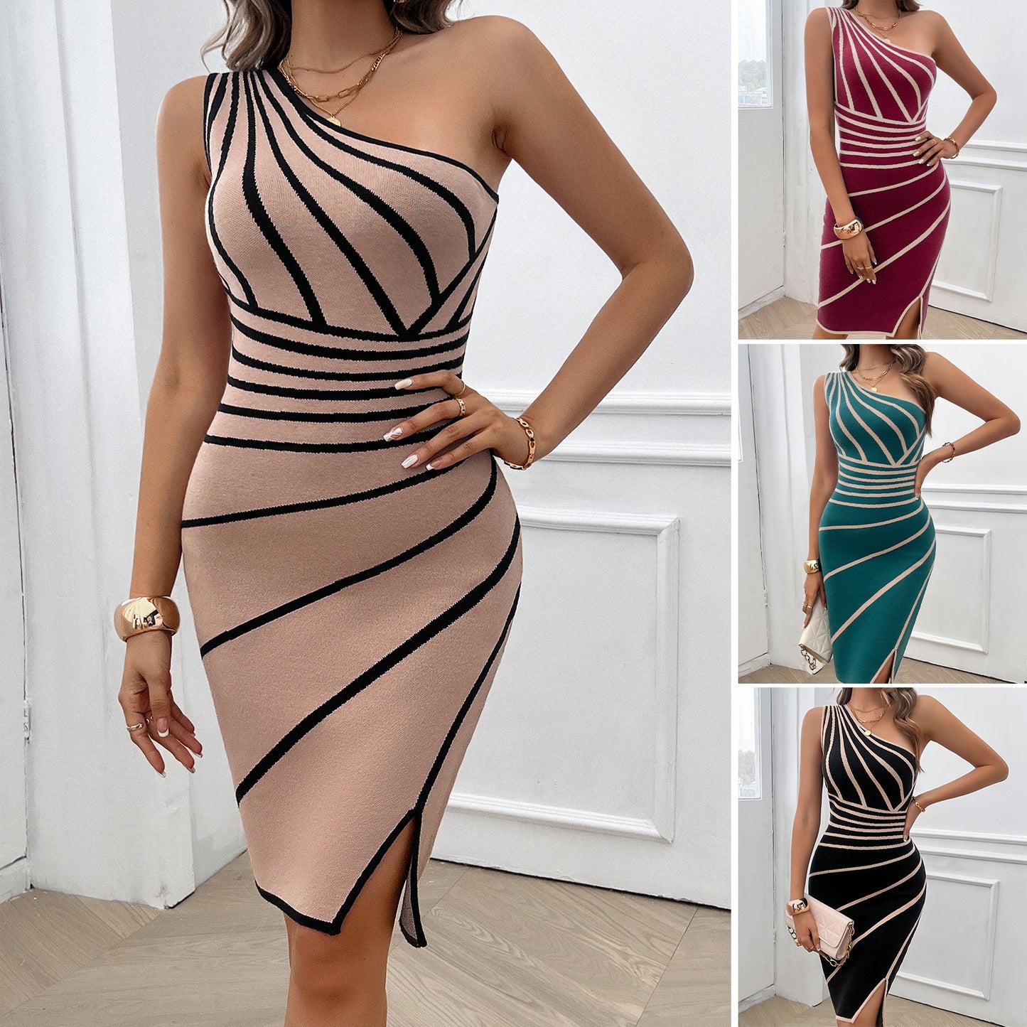 Spring/Summer Women's Striped Wrapped Hip Split Sweater Dress