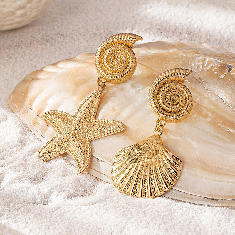 Gold metallic starfish shell earrings with personalized and high-end temperament earrings