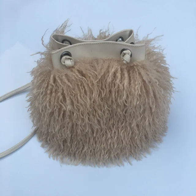 Long Fur Wool Bucket Bag Women  Luxury Mongolian Sheep Fur Bag Beach Faux Wool Fur One Shoulder Sling Handbag