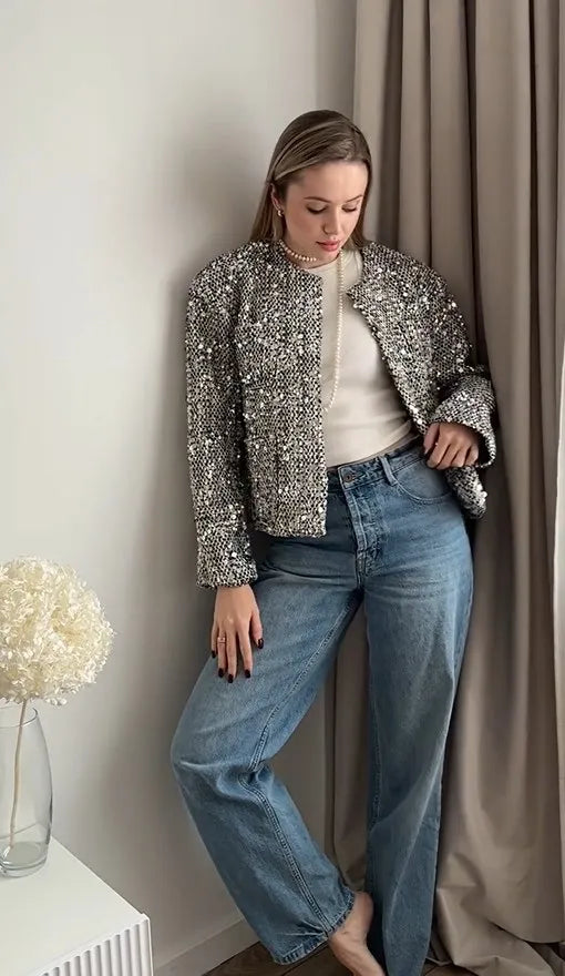 Elegant Silver Cropped Sequin Jacket For Women Chic Round Neck Long Sleeve Pockets Coat Autumn Female Party Fashion Outwear