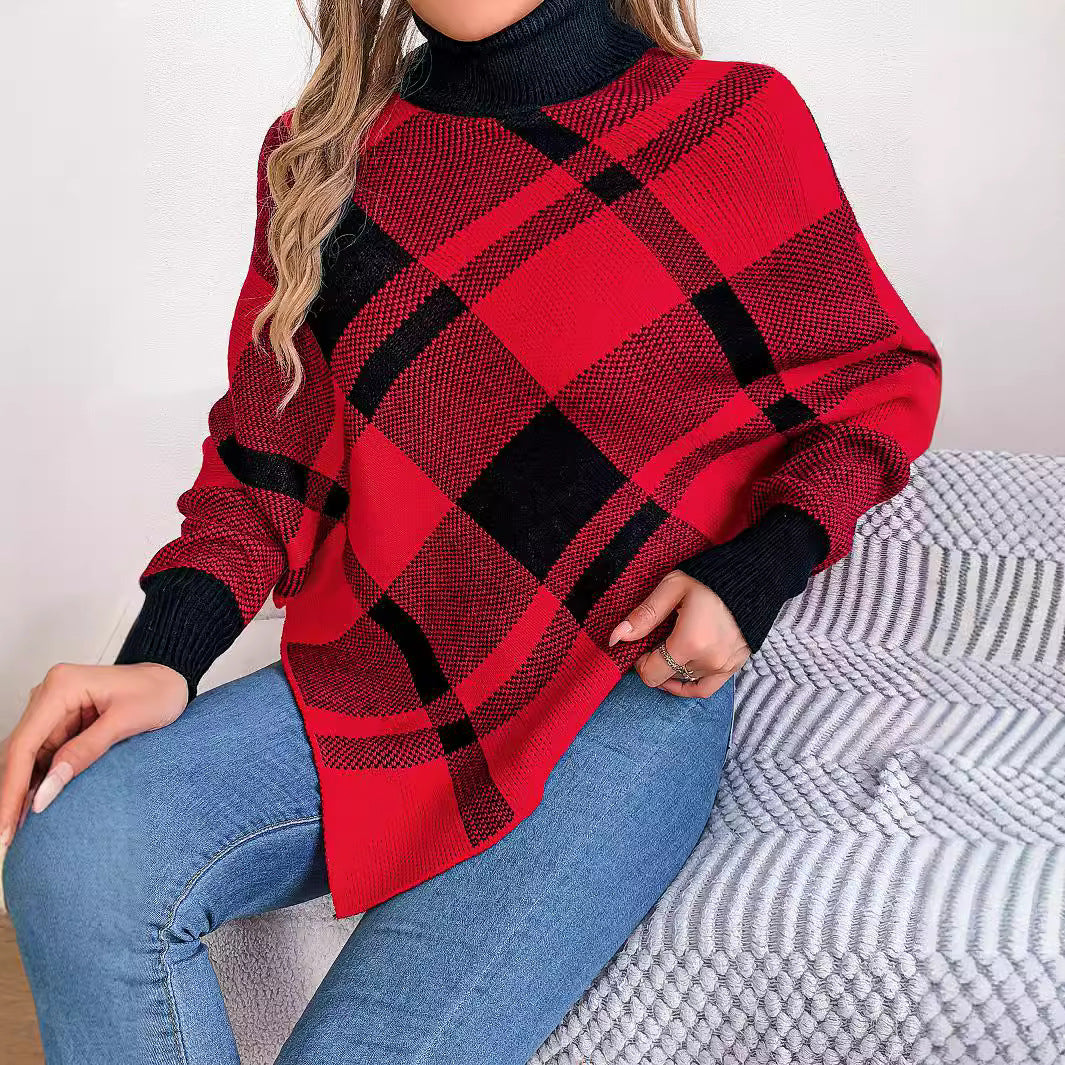 Women's autumn and winter Christmas fashion casual contrast color plaid high collar long sleeve cape sweater