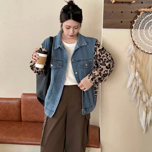American style niche autumn new design sense leopard print retro denim patchwork fashion sweater women's coat