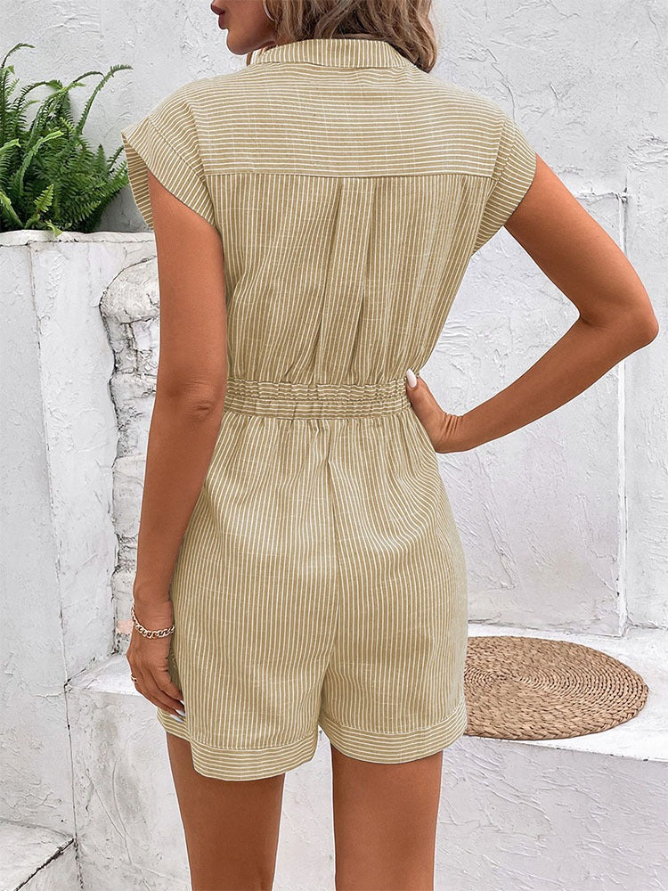 New European and American summer women's slim striped short sleeved jumpsuit shorts