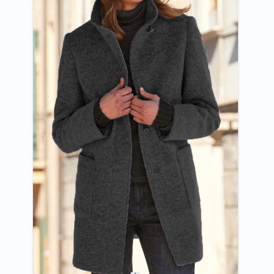 Autumn and Winter Women's New Retro Solid Button Standing Neck Woolen Coat