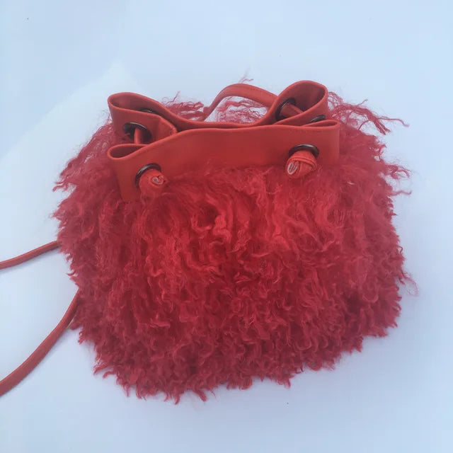 Long Fur Wool Bucket Bag Women  Luxury Mongolian Sheep Fur Bag Beach Faux Wool Fur One Shoulder Sling Handbag